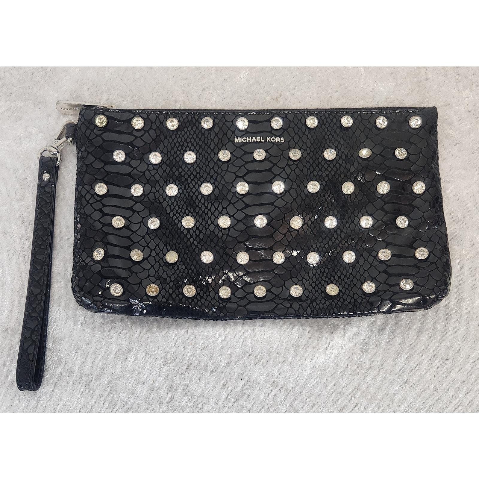 Michael Kors Adrienne Women Wristlet Black Snakeskin Leather W Rhinestone